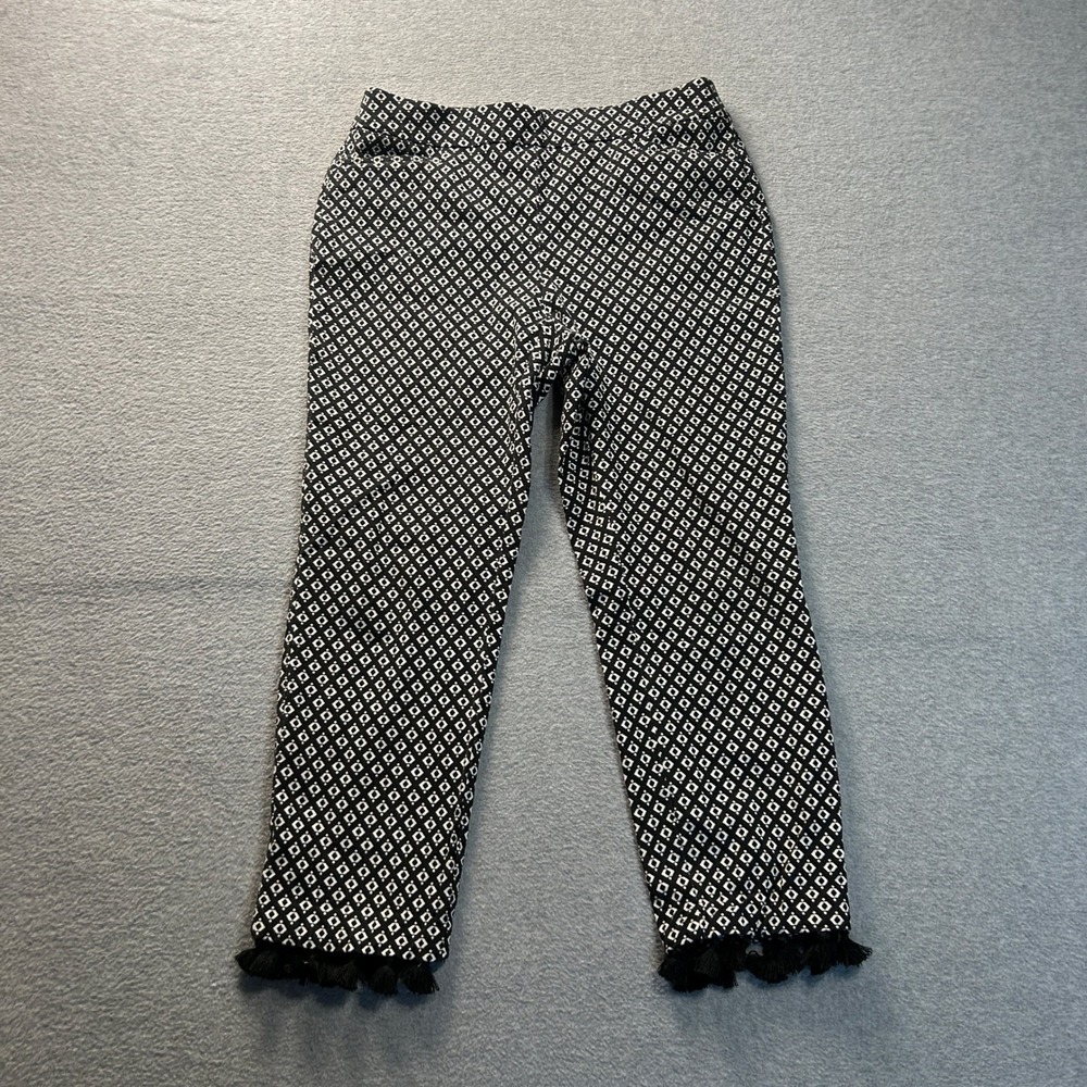 Chicos Crop‎ Pants 0.5 Womens Geometric Black White Tassel Hem Pull On Stretch